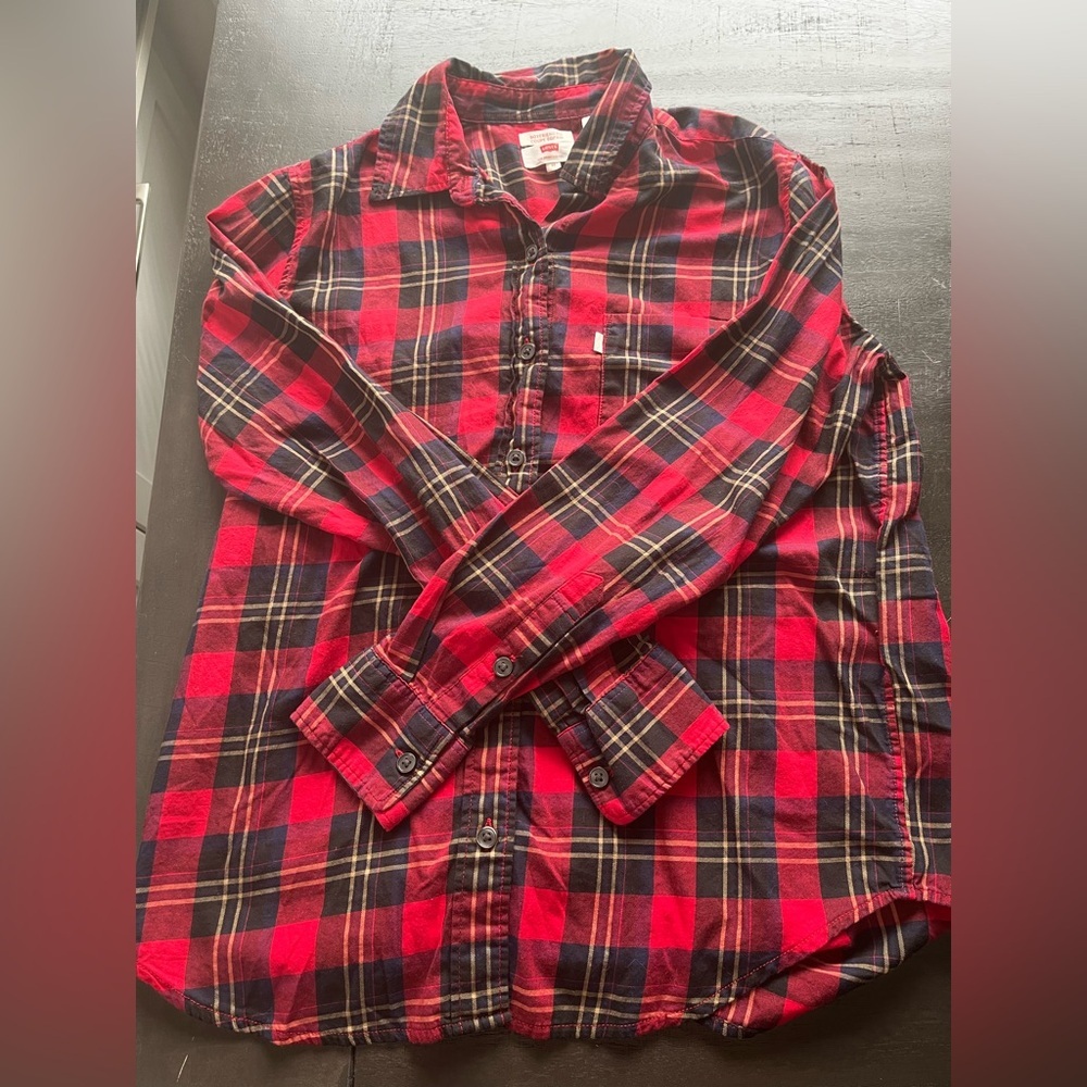 Levi's Boyfriend-Fit Plaid Shirt‎ XS 100% Cotton Red/Blue Vintage Y2K